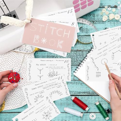 HASTHIP® Embroidery Stitch Guide Booklet with Needles & Threads, Beginner Sewing Practice Cards Set, DIY Creative Embroidery Kit, Portable Mini Sewing Book for Handcraft, Needlework Starter Supplies