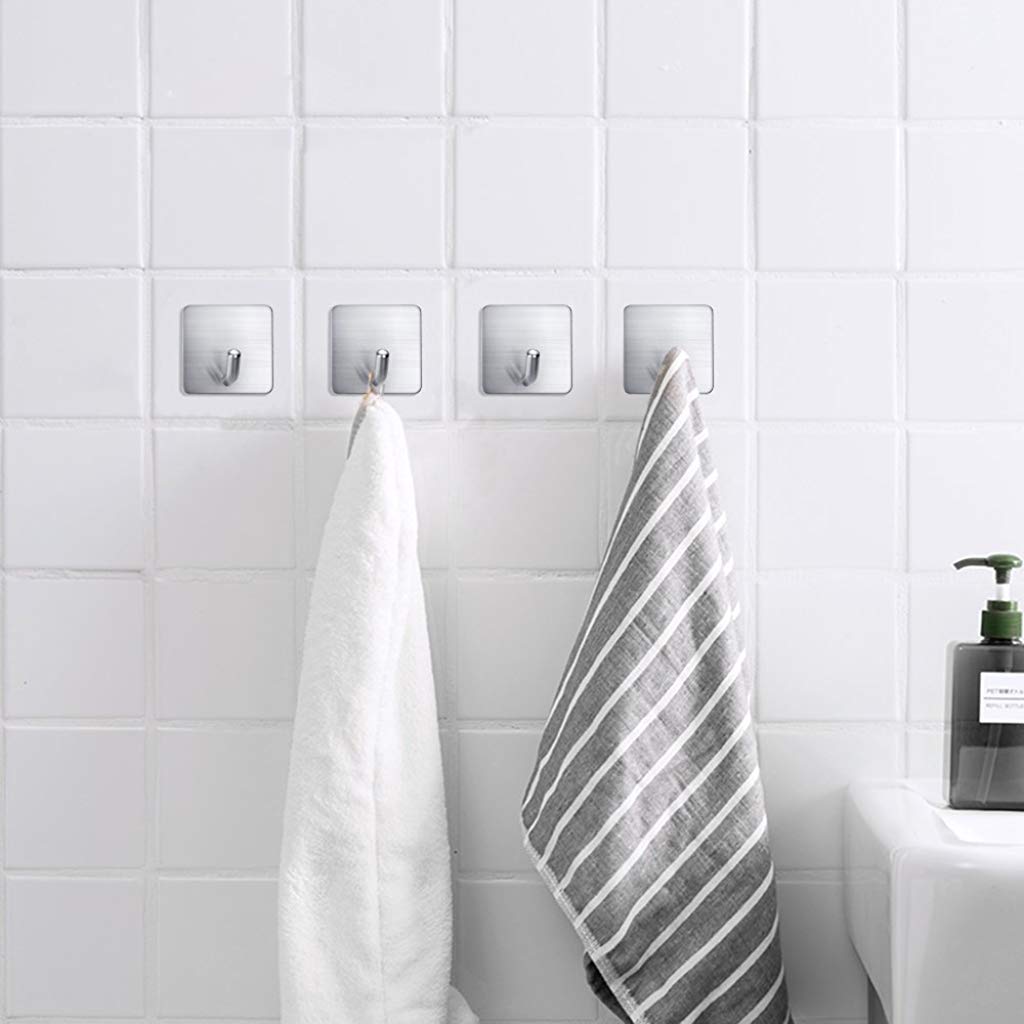 Supvox Self Adhesive Hooks, Heavy Duty Stainless Steel Waterproof Towel Hooks Stick on Hooks Wall Hangers Sticky Hooks for Hanging Bathroom Kitchen Home-4 Packs
