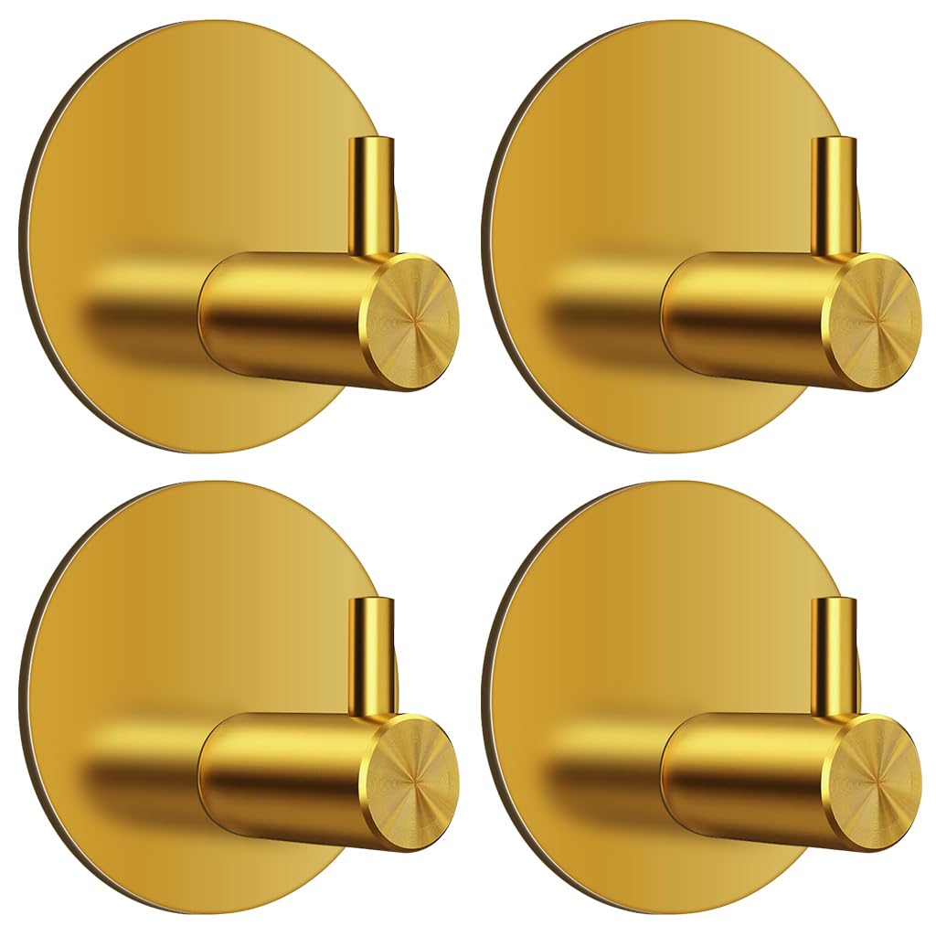 HASTHIP Self Adhesive Wall Hooks for Bathroom and Kitchen featuring 4pcs 0.5 in Golden Stainless Steel | Waterproof Rustproof Utility Hooks