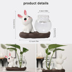 HASTHIP Mini Glass Hydroponics Pot Set for Desk Decor with 6.5x7cm Glass Pots and Compact 12x6cm Base | Cute Ceramic Bunny Ornament Gift