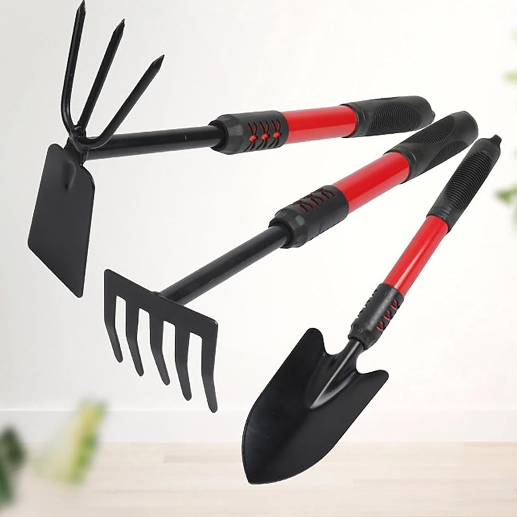 HASTHIP Gardening Tools Set 3 Pcs for Digging and Weeding with Dual Head Hoe Fork | Steel and Rubberized Anti Slip Handle