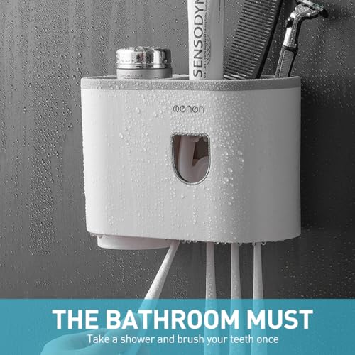 HASTHIP® Wall Mounted Toothbrush Holder with Toothpaste Dispenser and Cup, 3 in 1 Self-Adhesive Bathroom Organizer for Electric Toothbrushes and Accessories