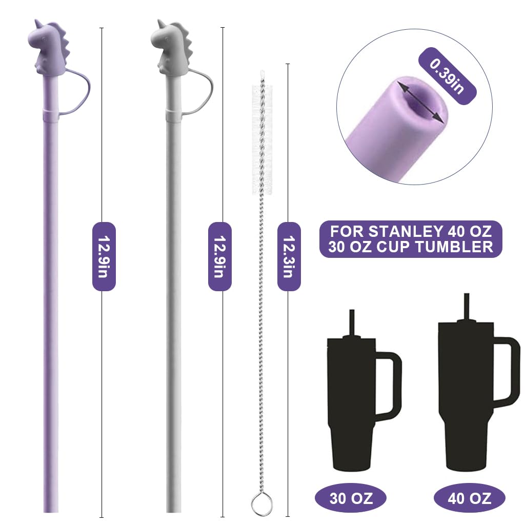 HASTHIP Silicone Straws for Stanley Tumblers with 12 in Length and Dino Caps | BPA Free Reusable Set