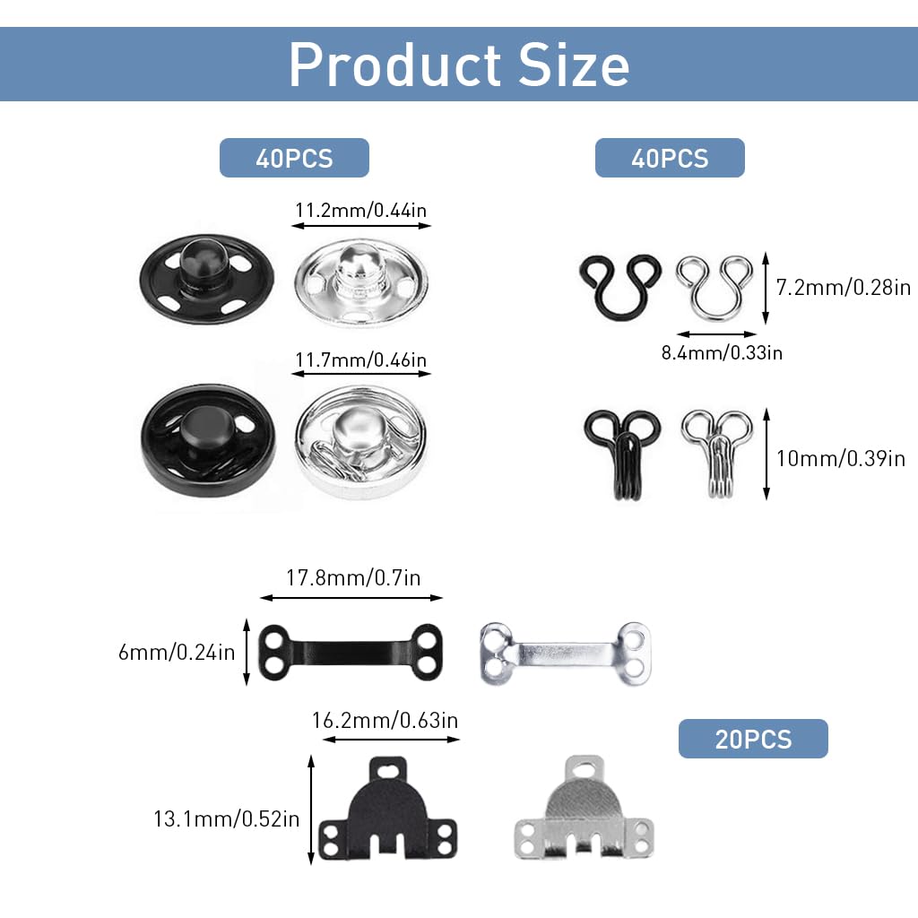 HASTHIP Hook and Eye Sewing Button Kits for Garments with 50 Pairs and 3 Styles | Black and Silver Closures