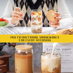 HASTHIP® 4Pcs Glass Drinking Bottle with Wooden Lids 16Oz Cool/Hot Drinks Glass Drinkwares with 4 Bent Glass Straws & 1 Straw Cleaning Brush Heat Resistant Borosilicate Glass Drinking Bottles