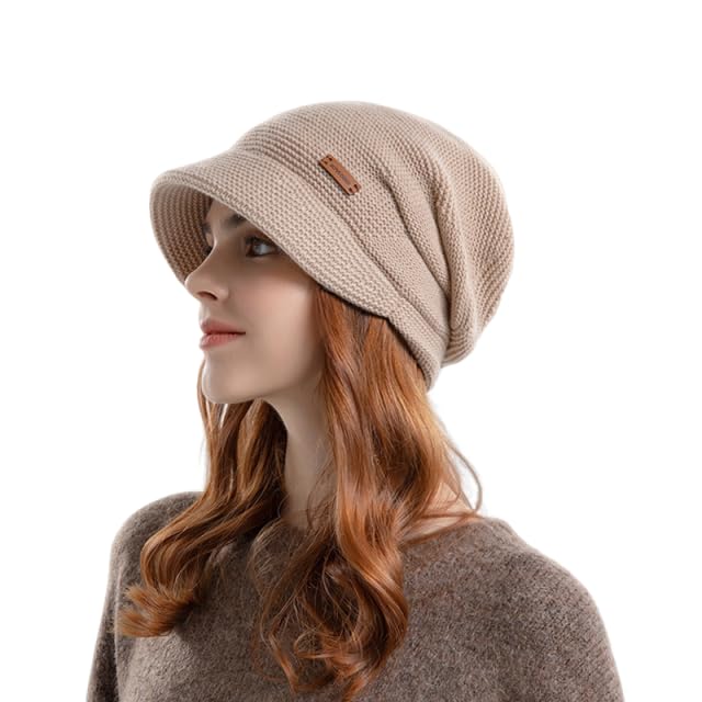 HASTHIP® Gorro de Invierno para Mujer, Beanie Tejido con Forro Polar, Sombrero Cálido y Suave con Visera, Estilo Slouchy Color Caqui