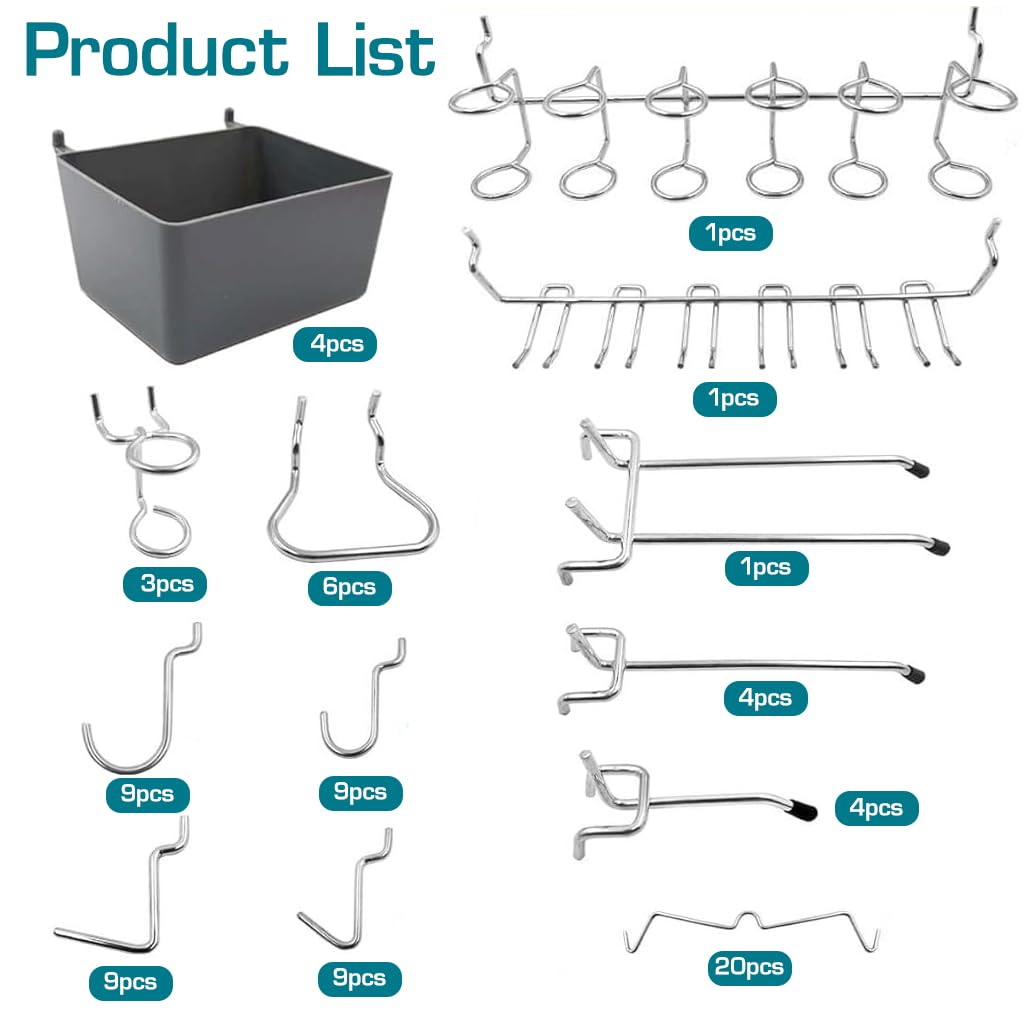 Pegboard Hooks Kit Pegboard Hooks Assortment with Pegboard Bins, Peg Locks, for Organizing Various Tools, 80 Durable Hooks & 4 Bins for 1/8" & 1/4" Pegboards, Versatile Storage Tools