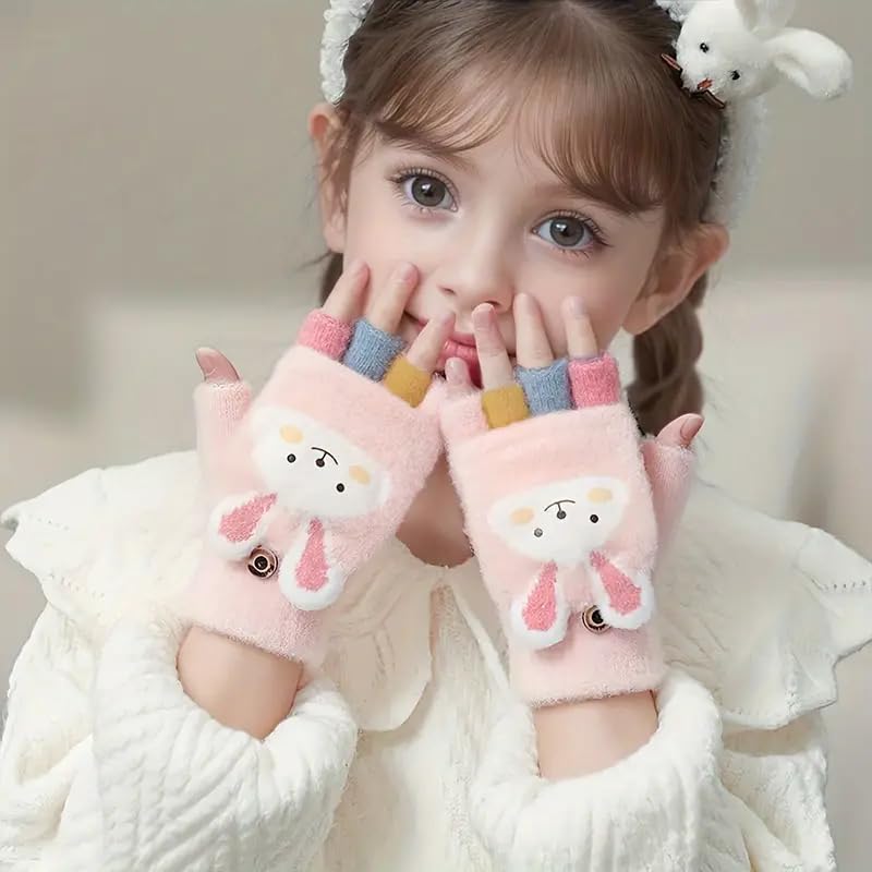 HASTHIP® Guantes de Invierno para Niños Mitones de Punto con Forro Polar Guantes Dedo Completo con Cuerda Antipérdida para Esquí y Juego al Aire Libre Edad 4-12 Años