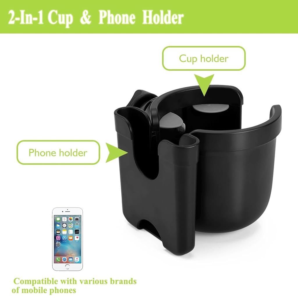 HASTHIP® Stroller Cup Holder with Phone Holder, 2-in-1 Cup Stroller for Bike Universal Strollers, Bike, Wheelchair, Walker, Scooter - Black