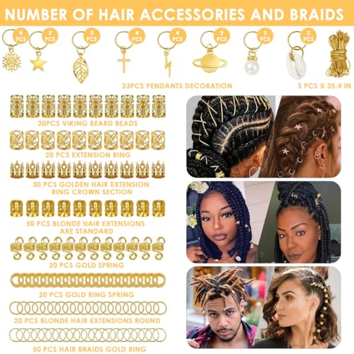 HASTHIP® Marca 259 Piezas Accesorios para Cabello Trenzado,Anillos de Trenza,Decoraciones de Metal Dorado y Plateado Cuentas para Dreadlocks Cuffs y Clips Trenzas Extensiones Joyas Mujeres Niñas Bod