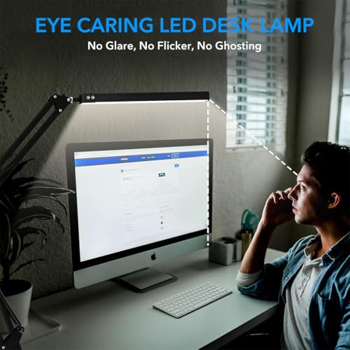 HASTHIP® LED Desk Lamp with Clamp, USB Powered, 3-Color Modes, Dimmable Eye-Caring Reading Light, Flexible Gooseneck, Adjustable Brightness, Table Lamp for Home, Office, Study, Crafting (Black)
