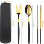 HASTHIP Cutlery Set with 2 Forks 2 Spoons and 2 Pairs Chopsticks 21 cm | Stainless Steel 410 Black Gold Gift Box