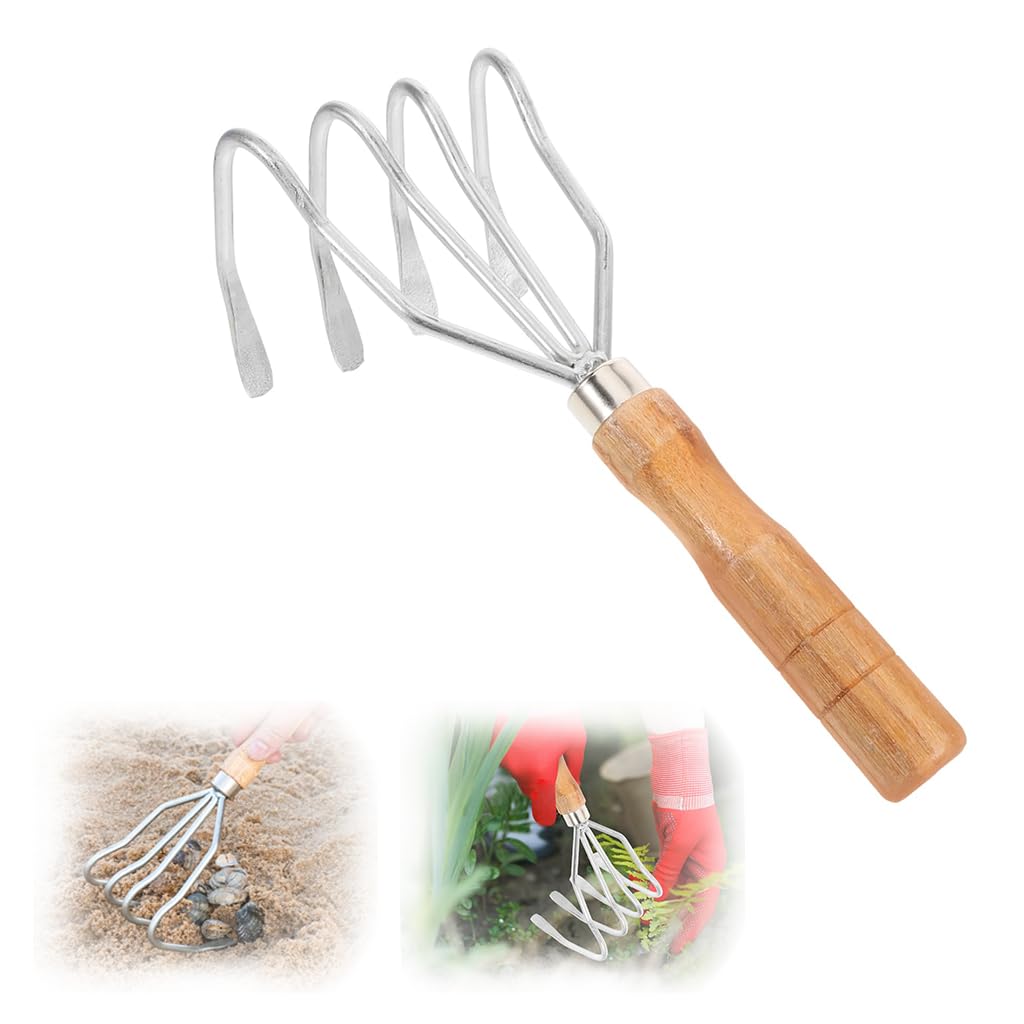 HASTHIP Gardening Rake for Lawn and Soil Maintenance with Ergonomic Wooden Handle 10.6 in Stainless Steel Head