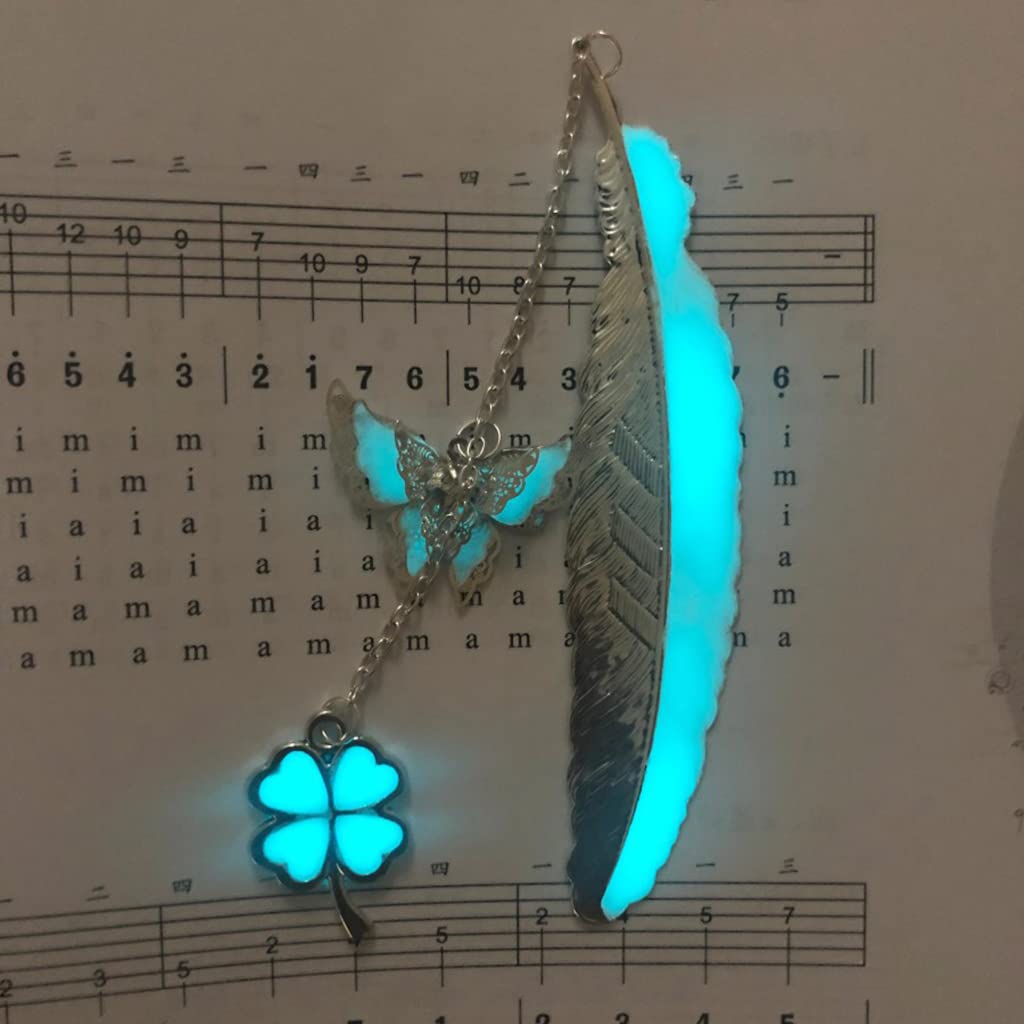 HASTHIP Metal Feather Bookmark Glow in The Dark, Bookmarks for Books, 3D Silver Butterfly Four Leaf Clover Bookmarks, Bookmark Gift for Teachers Women Student, Mothers Day, Christmas