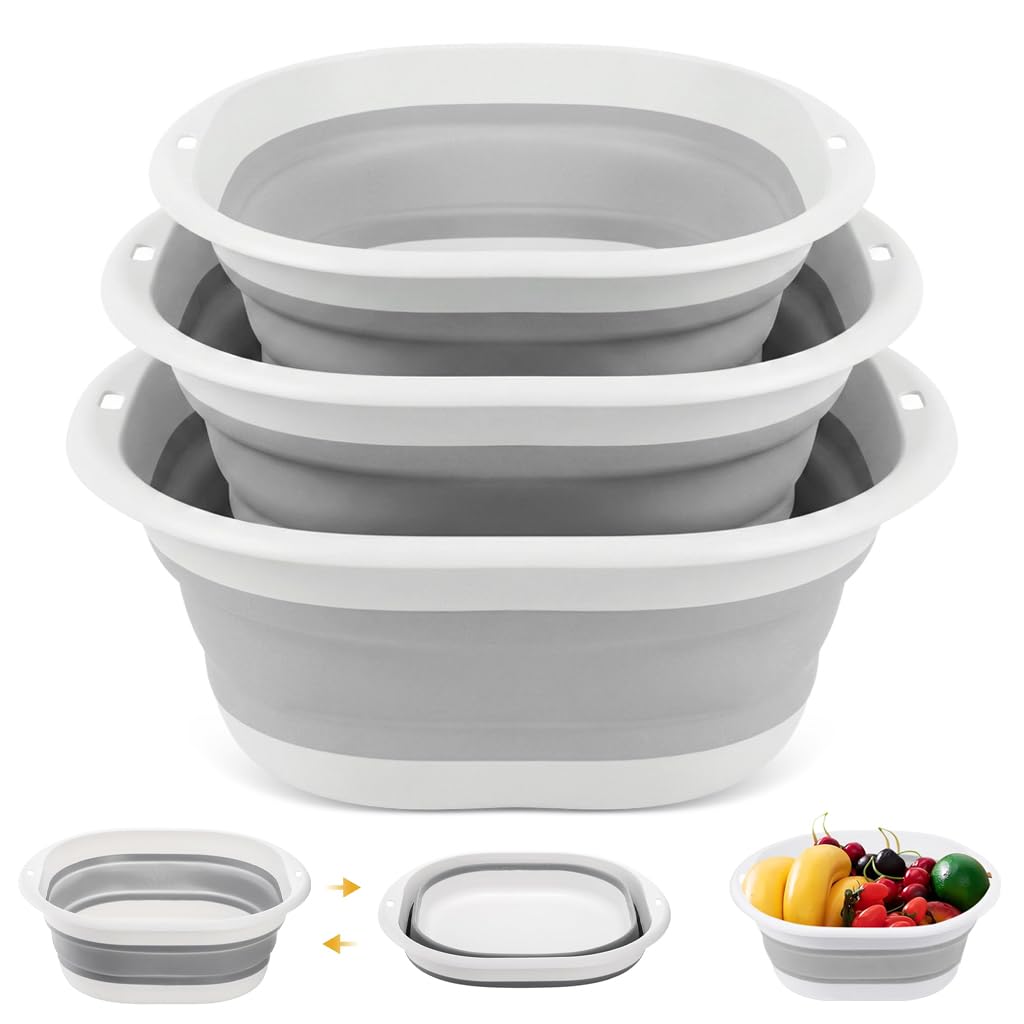 HASTHIP® Collapsible Silicone Bucket Set, 3Pcs Foldable Wash Basin and Portable Cleaning Tub with Handle, Space Saving Multi-Use Sink for Outdoor, Camping, Kitchen and Laundry (Gray)