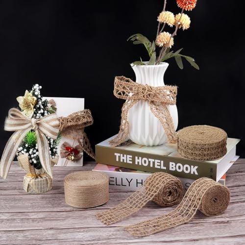 HASTHIP® Jute Burlap Ribbon, 4 Rolls 6.6ft Jute Rope for Craft, Creative DIY ribbons for gift wrapping, DIY Project, Event & Wedding Decorations, Natural Fabric Roll Craft Decoration Lace