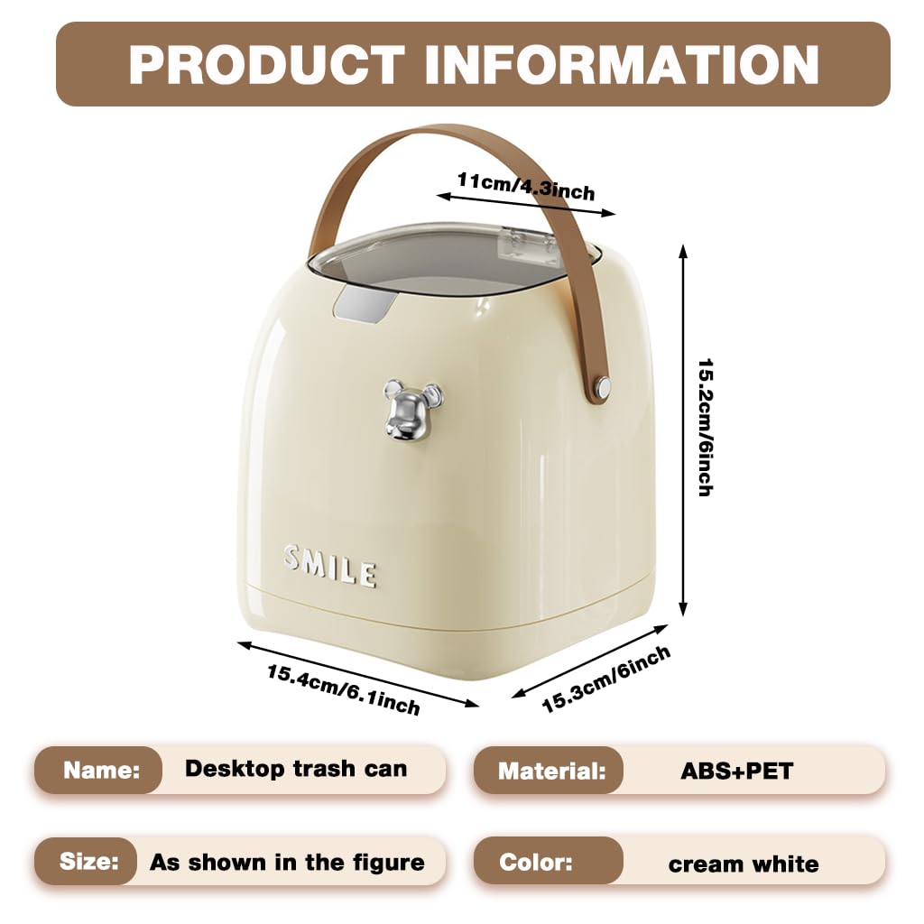 HASTHIP Desk Waste Bin for Office and Dorm featuring Lid and Handle 2L ABS PET | Easy Cleaning