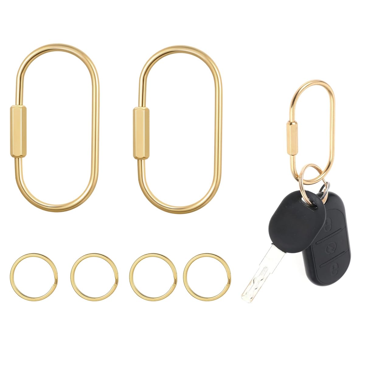 HASTHIP® 2Pcs Mosquetones Ovalados de Bloqueo de Tornillo 2.36 Pulgadas, Clips Llavero Doble Resorte en Cobre Dorado, Carabineros Multifuncionales con 4 Aros para Llaves, Conexión Segura para