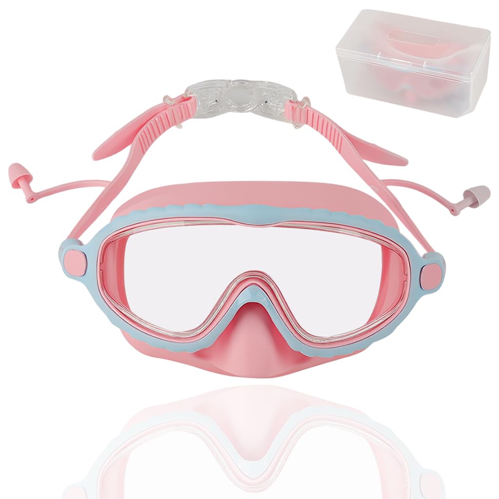 HASTHIP® Gafas de Natación para Niños con Cubierta de Nariz,Antivaho y Antifugas,Lentes Panorámicos Tapones para los Oídos Gafas Buceo Ajustables Niños y Niñas 4-16 Años - Rosa M