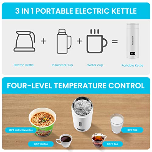 HASTHIP® Electric Kettle 0.4 Litre 300W Portable Water Bottle Hot Tea Mug Multipurpose Food Grade Fast Boil Auto Shut Off Travel LCD Smart Temperature Display 3PCS