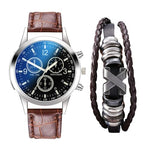 HASTHIP® Wrist Watches for Men And Bracelet Set - Elegant Leather Band Watch & Matching Braided PU Bracelet Gift Birthday Gifts for Men, Watches for Men Under 500, Black Dial and Brown Strap