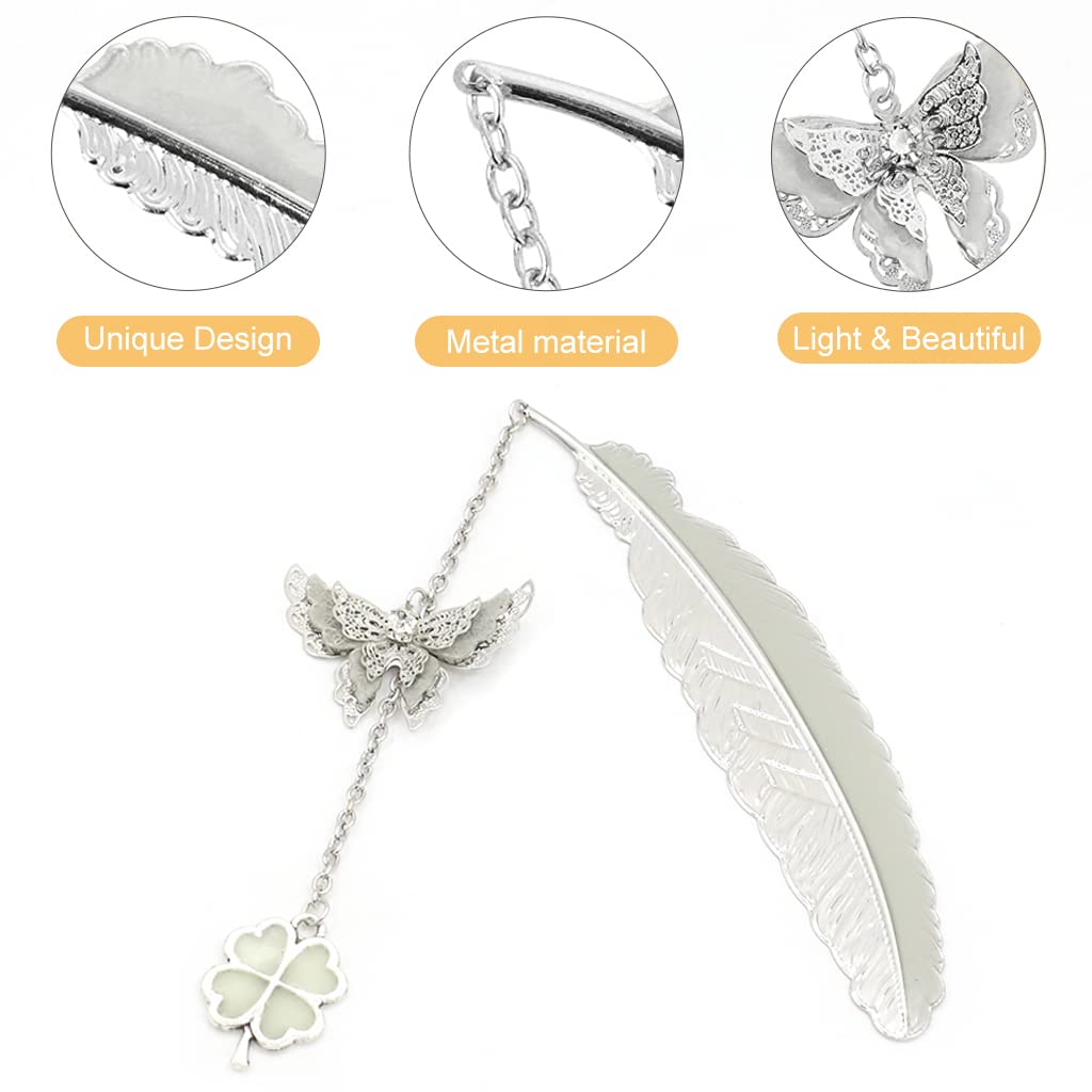 HASTHIP Metal Feather Bookmark Glow in The Dark, Bookmarks for Books, 3D Silver Butterfly Four Leaf Clover Bookmarks, Bookmark Gift for Teachers Women Student, Mothers Day, Christmas
