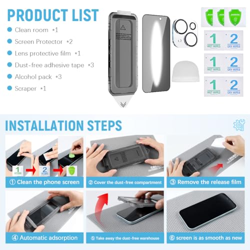 HASTHIP® Privacy Screen Protector foriPhone 15 6.1 inches Tempered Glass Easiest 2-Step Installation Auto-Alignment HD Screen Protector Kit with 2 Pieces Screen Protectors and Accessories
