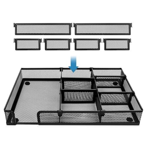 HASTHIP® Drawer Organizer, Metal Mesh Desk Drawer Dividers with 6 Adjustable Compartments, Desk Drawer Organizer Trays Universal Storage Organizer Tray for Office, Kitchen, Bathroom, Makeup, Vanity
