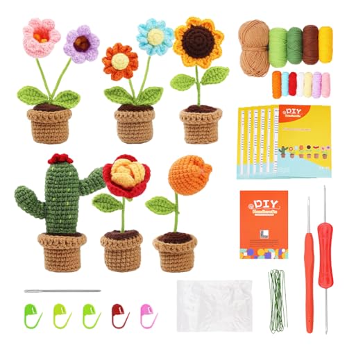 HASTHIP® NAWOKEENY Crochet Kit for Beginners,DIY Crochet Art Material Kit with 6Pcs Mini Flower Pots,Yarn Hooks & Accessories Starter Friendly Set for Adults/Kids Home Decor Gift Ideas