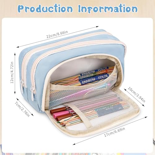 HASTHIP® Partideal Large Capacity Pencil Case with 4 Compartments, Aesthetic School Pencil Pouch for Girls Teenagers, Cute Zipper Pen Organizer for Office, Blue