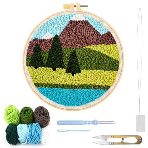 HASTHIP® DIY Tufting Art Kit 20x20CM Punch Needle Embroidery Kit for Beginners,Forest Animal Design,Complete Craft Set with Hoop Embroidery Needles Yarn Easy Needlepoint Starter Gift for Kids & Adults