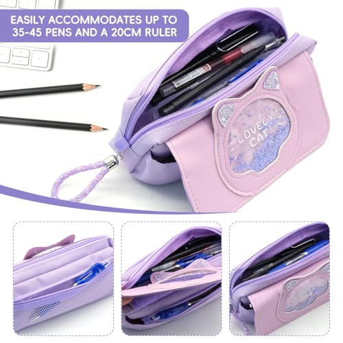 HASTHIP® Pencil Case for Girls,Cute Purple Kitty Students Stationery Pouch,Double Layer Zipper Pen Bag Large Capacity Pencil Pouch Organizer for School Supplies Gift Schoolgirls and Kids