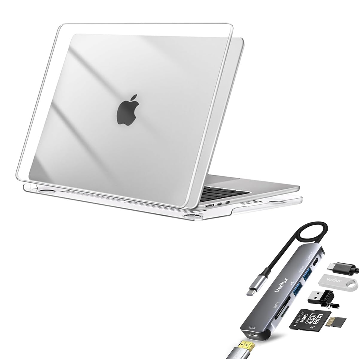 HASTHIP MacBook Air 13.6 Inch Case for M4 M3 M2 with Clear Hard Shell & 6‑in‑1 USB C Hub | Snap‑On Design and Scratch‑Resistant PC Cover