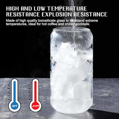 HASTHIP® 4Pcs Glass Drinking Bottle with Wooden Lids 16Oz Cool/Hot Drinks Glass Drinkwares with 4 Bent Glass Straws & 1 Straw Cleaning Brush Heat Resistant Borosilicate Glass Drinking Bottles