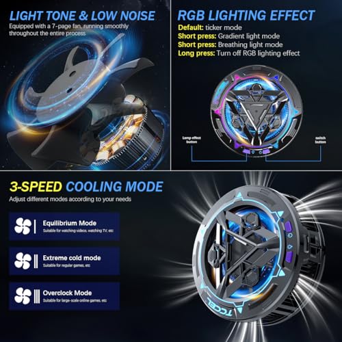 HASTHIP® Phone Cooler for Gaming,Magnetic Instant Gaming Mobile Cooler with 3 Level Modes, RGB LED Cooling Fan for Mobile with Clips, Phone Radiator, USB Heat Dissipator for iPhone Android iPad