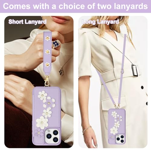 HASTHIP® for iPhone 16 Pro Max Case, Wallet with Card Holder, Cute Flower Design Crossbody Phone Purse for Women, PU Leather Magnetic Kickstand Shockproof Cover with Wrist Strap Phone Case 6.9"