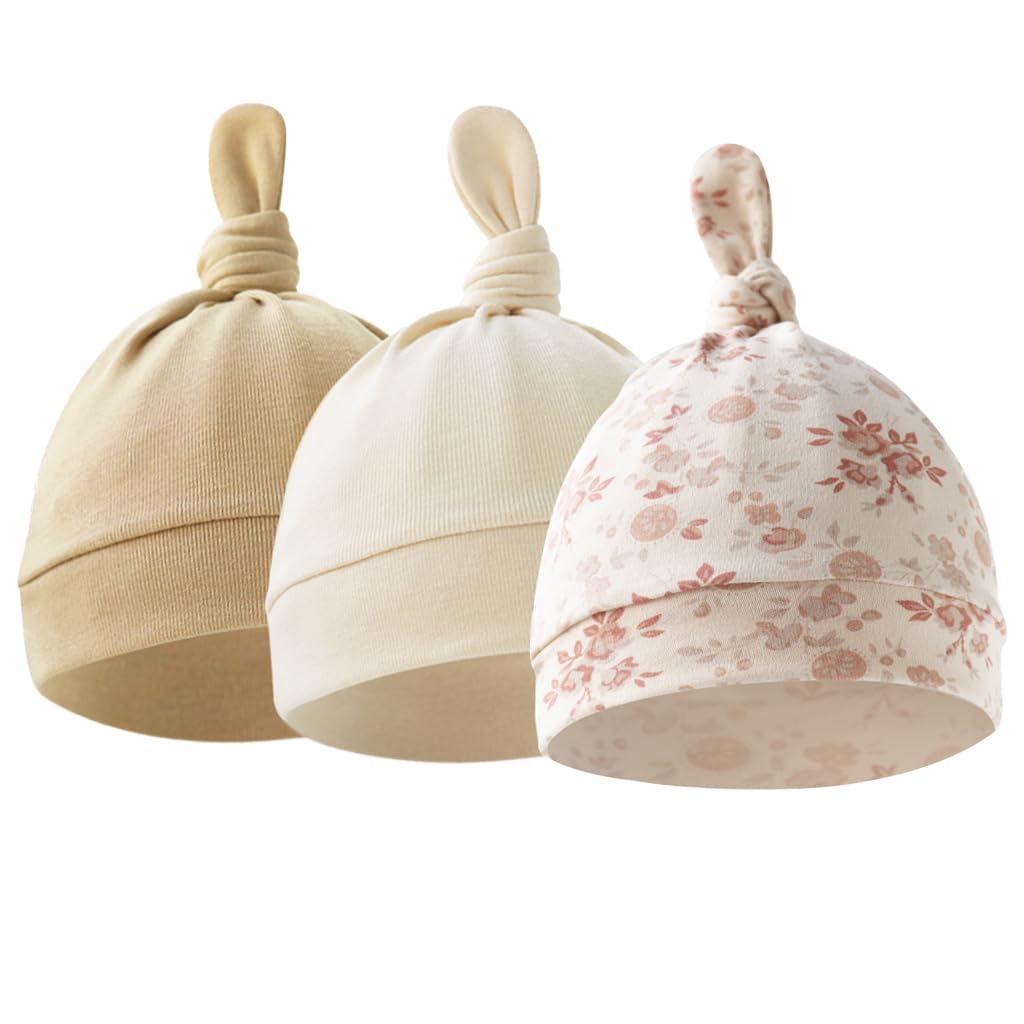 HASTHIP® 3 Piezas Gorro Bebé Algodón Puro Recién Nacido 0-6 Meses Niña Niño Sombreros Suaves Cálidos Invierno Accesorios de Bebé Recién Nacido Regalo de Baby Shower Beige