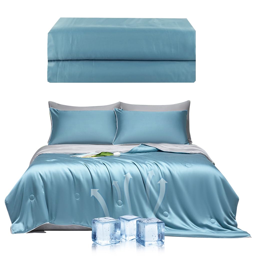 HASTHIP Cooling Duvet Quilt for Double Bed with 200x230cm Reversible Design | Ice-Silk Microfiber Grey and Blue
