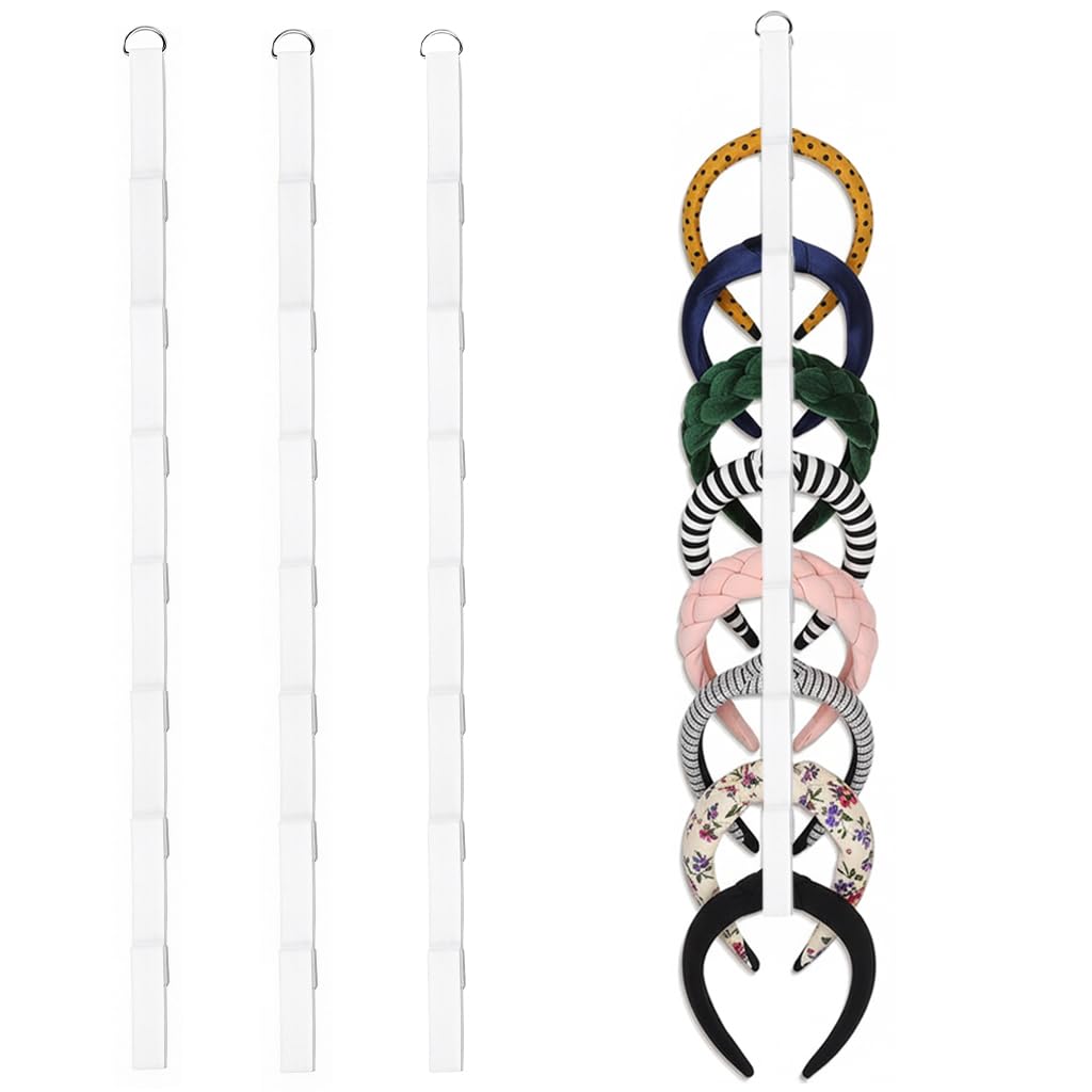 HASTHIP® Hanging Headband Organizer Band, 8-Loop Organizer Band with Metal D Ring, Door Back Hanging Fashion Headpieces Storage Band for Headbands, Sport Bands, Clips & More, Pack of 3, 0.8x27''