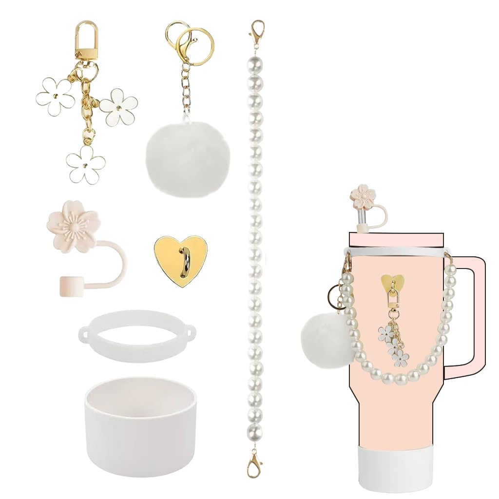 HASTHIP Stanley Cup Accessories Kit for Custom Cup Decor featuring 7 pcs set with Pearl Chain and Sakura Straw Cap