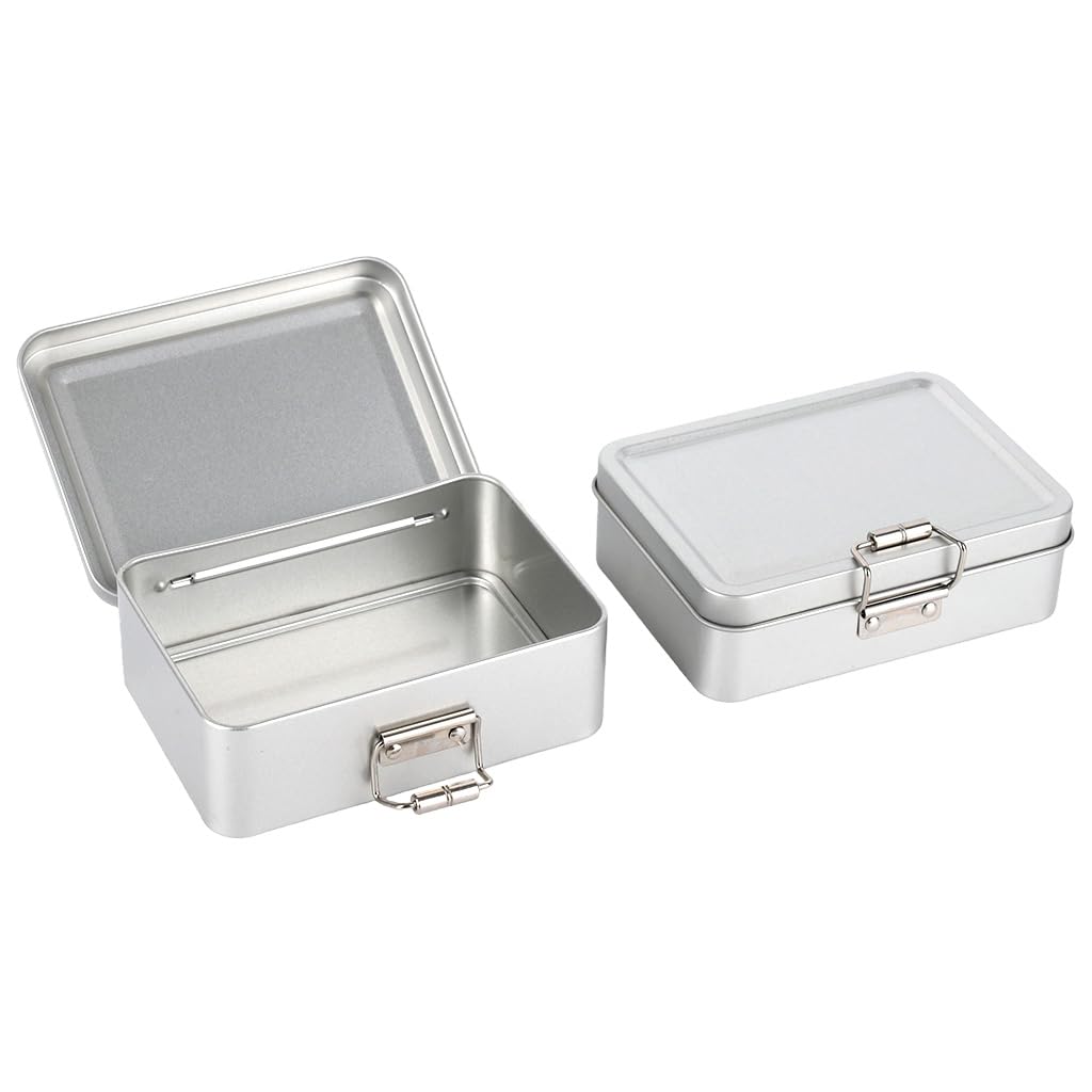 HASTHIP® 2Pcs Metal Tinplate Storage Box with Lid, 12.5x9x4cm Rectangular Empty Container with Clasp for Home Office Travel Organizer, Gift Box, Cookie Tin, Pencil Case, Craft Storage -