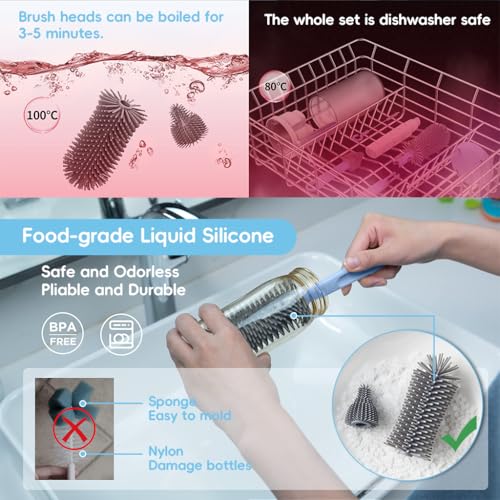HASTHIP® 6 in 1 Baby Bottle Brush Set with Storage Case,Silicone Bottle Cleaning Brush,Pacifier & Straw Cleaner Utility Tongs Cleanser Travel Essentials for Feeding Bottles