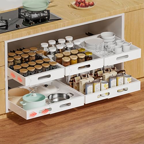 HASTHIP® Pull Out Cabinet Organizer 34-50cm Adaptable Width Design Carbon Steel Kitchen Closet Sliding Drawer Organizer No Drill Adhesive Intergrated Sliding Rail Design, 12.5 cm x 34-50cm
