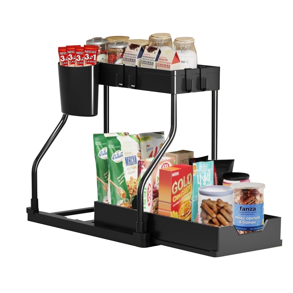 HASTHIP Double Layer Kitchen Organizer for Small Kitchens with Sliding Drawer Rack and Hooks