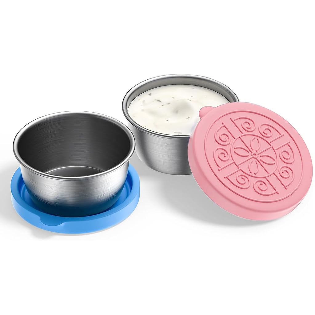 2pcs Salad Dressing Container to Go, 40ML Small Containers with Lids, Reusable Stainless Steel Sauce Cups for Lunch Bento Box, Picnic and Travel, Pink+Blue