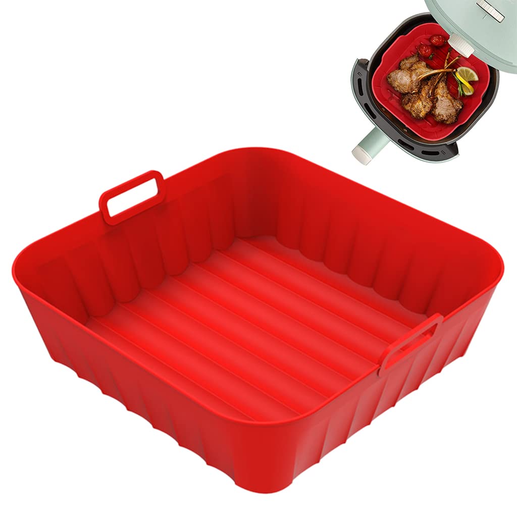 HASTHIP Air Fryer Silicone Baking Tray, 8.2 Inch Non-Stick Silicone Air Fryer Liners for 4-7QT, Reusable Square Air Fryer Oven Pot with Anti-Scalding Handles, Food Safe Air Fryers Accessories (Red)