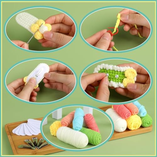 HASTHIP® NAWOKEENY 10Pcs Crochet Kit for Beginners,DIY Flowers Hair Clip Making Kit,Crochet Starter with Yarn Hooks Hair Clips Accessories Knitting Tools Step-by-Step Tutorial Video for Girls