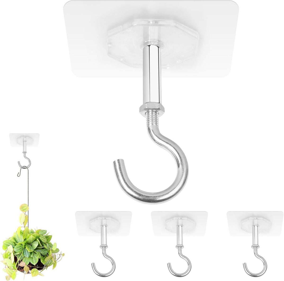 HASTHIP® Adhesive Ceiling Hooks,4 Pack 30lbs Super Heavy Duty for Hanging Plants,3M Ceiling Hooks Strong No Drill Outdoor Sticky Hanger Stick On for Lights,Wind Chimes,Lantern