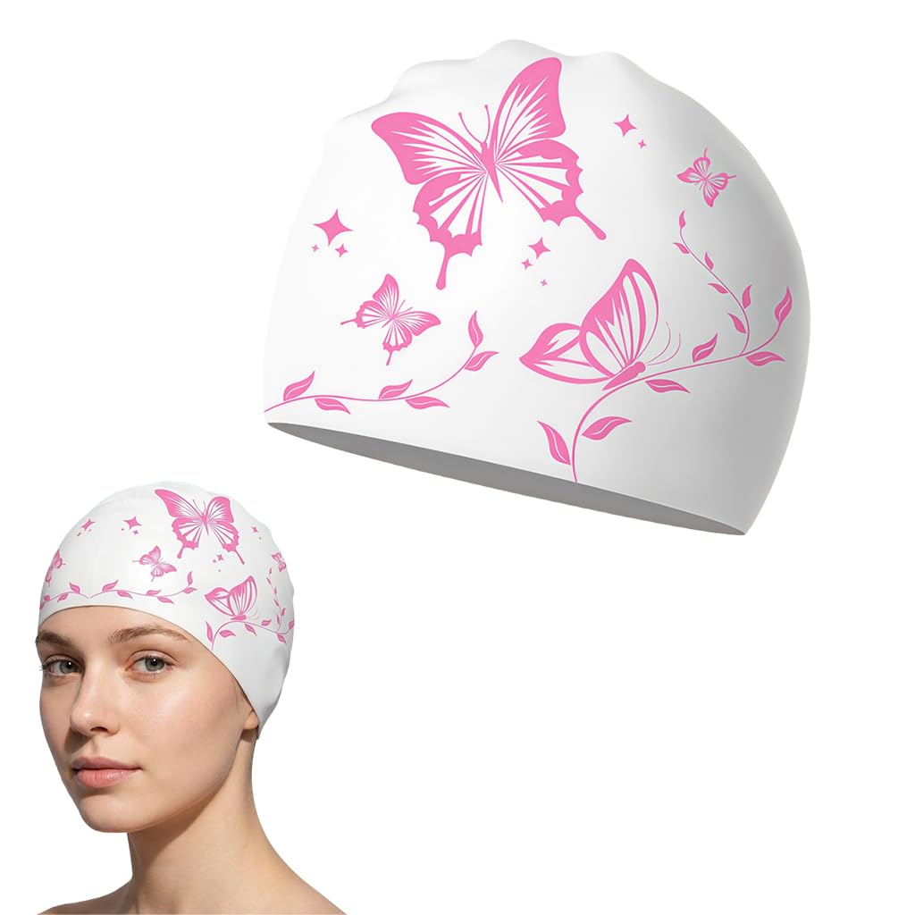 HASTHIP® Proberos Swimming Cap for Women & Girls, Waterproof Silicone, Pressure-Free Fit Swim Cap, Long Hair Swimming Head Cap, Wrinkle-Free Women Swim Pool Cap for Long Hair, Butterfly Prints