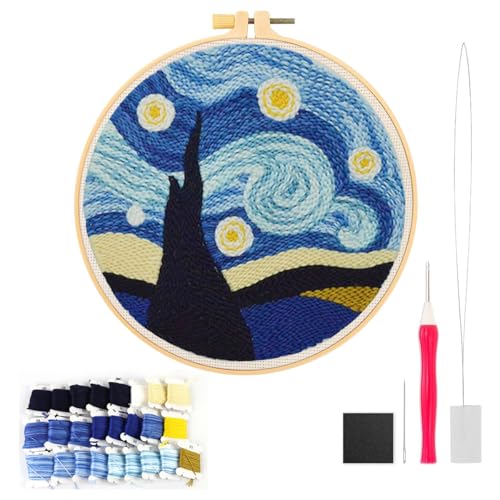 HASTHIP® DIY Punch Needle Art Kit Beginners DIY Starry Night Punch Needle Art with Embroidery Needles,Tutorial,20x20cm Embroidery Hoop Gift for Kids Adults